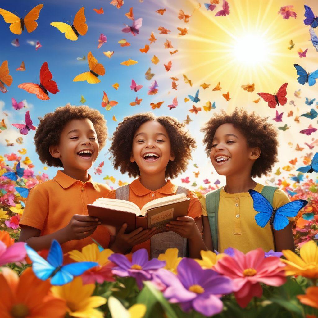 A vibrant scene depicting a diverse group of children joyfully sharing uplifting news, surrounded by colorful paper butterflies and bright flowers, with a glowing sun in the background symbolizing hope. Include elements of laughter and inspiration, such as books and art supplies scattered around. super-realistic. vibrant colors. 3D.