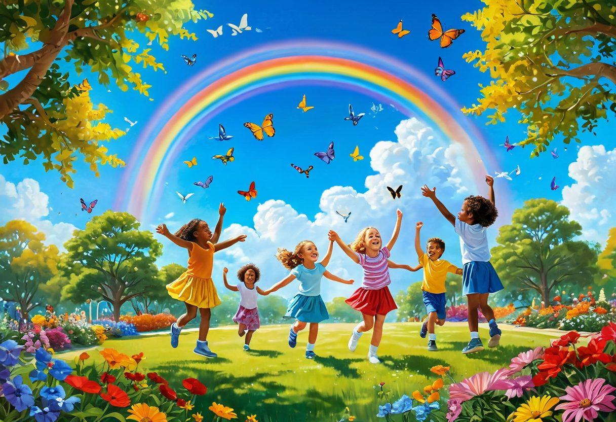 A vibrant, sunny scene of children joyfully playing together in a park, surrounded by colorful flowers and butterflies, exuding a sense of happiness and positivity. In the background, a gentle rainbow arches across a bright blue sky, symbolizing hope and upliftment. Soft, warm lighting enhances the cheerful atmosphere. super-realistic. vibrant colors. white background.