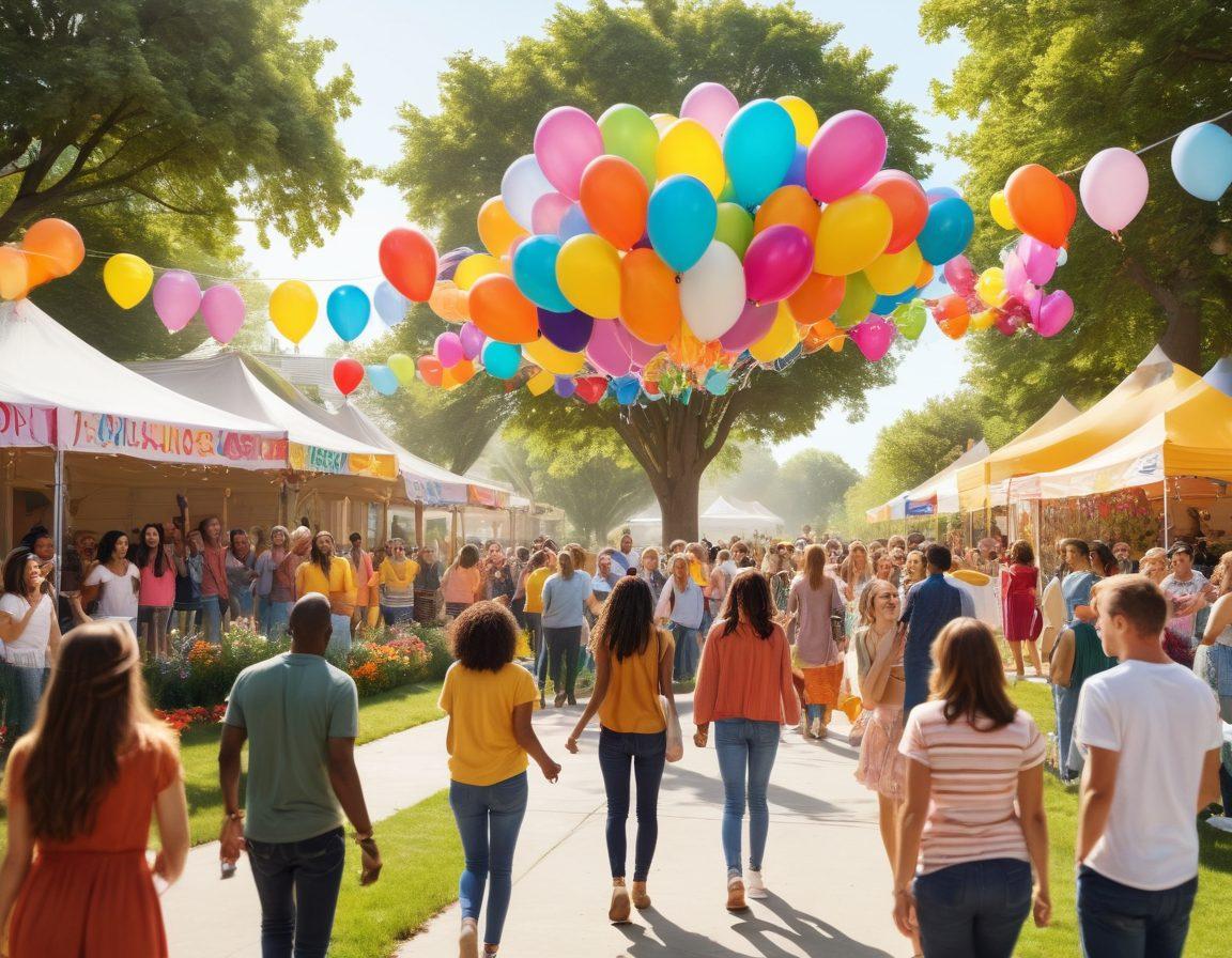 A bright, cheerful community gathering featuring diverse people engaging in joyful activities, such as laughing, sharing stories, and participating in fun games. Colorful balloons and banners decorate the scene, radiating positivity. In the background, a sunny park landscape with blooming flowers adds to the uplifting atmosphere. super-realistic. vibrant colors. white background.